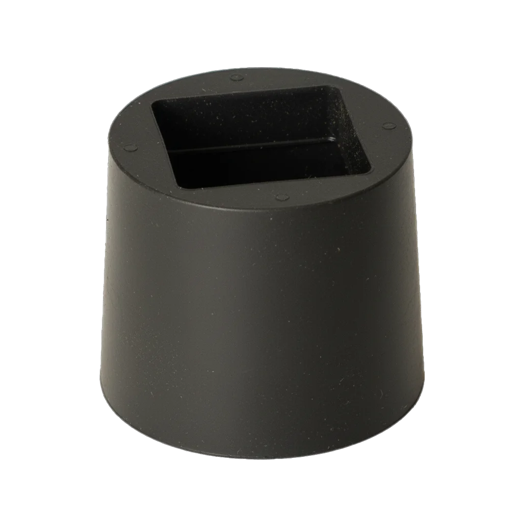 Black molded rubber component with square opening