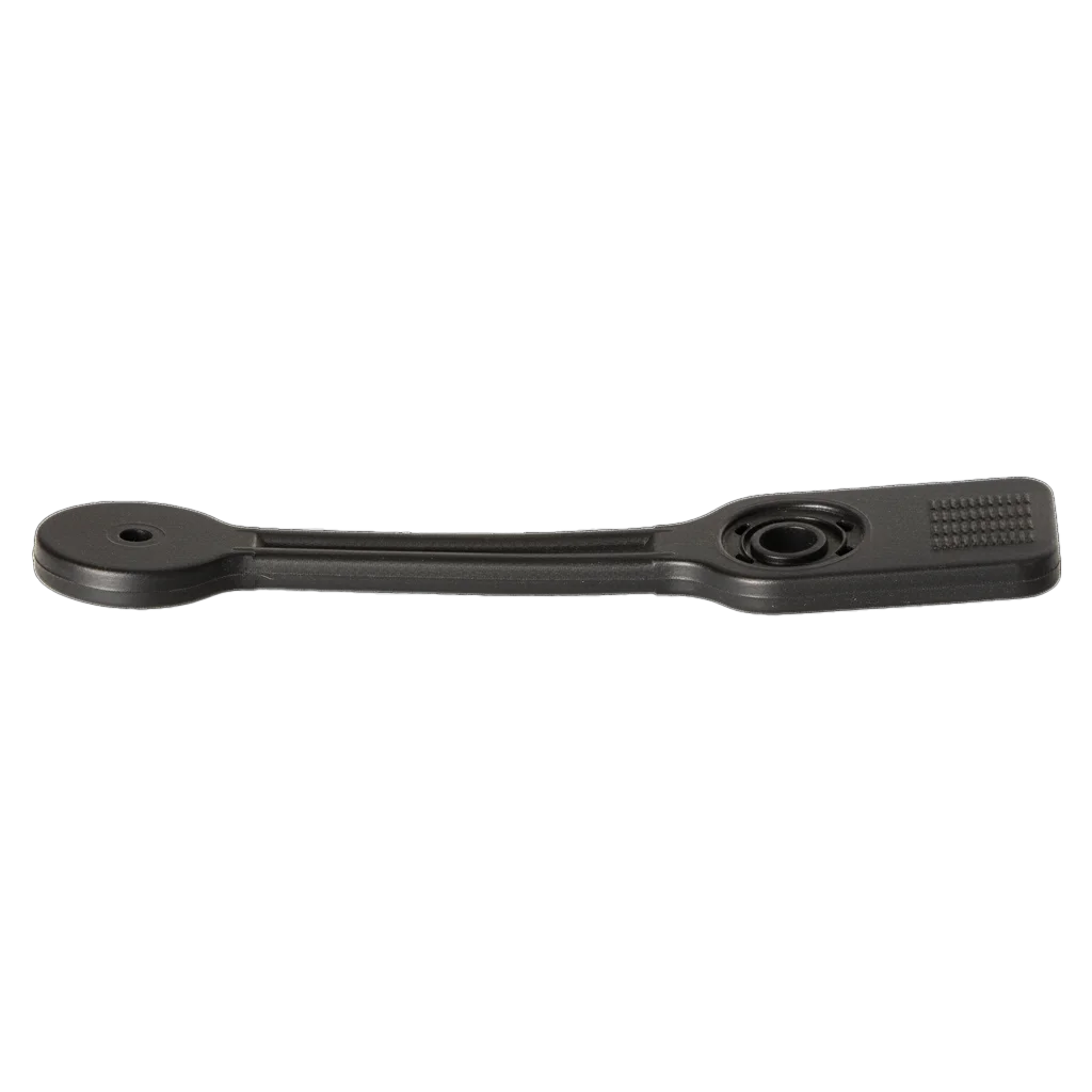 Elongated molded rubber linkage component with mounting holes.