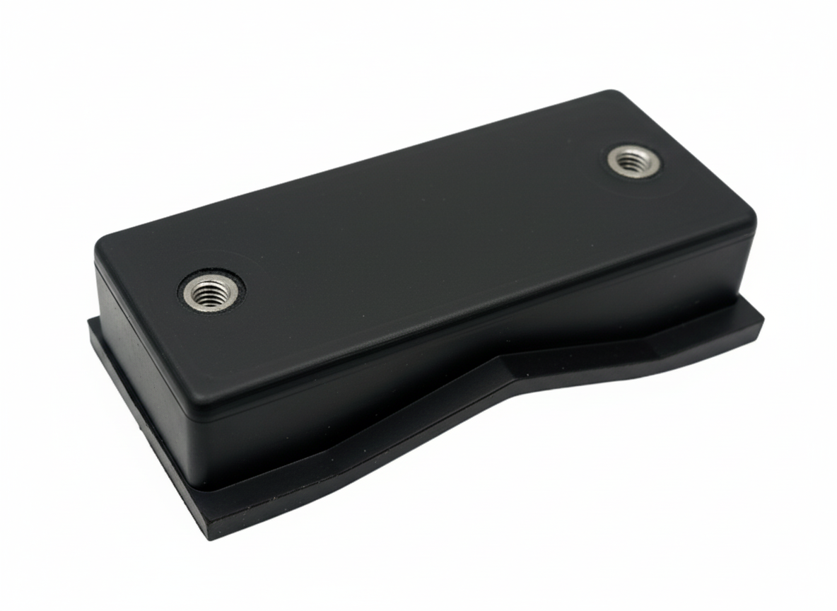 Custom molded rubber component with threaded metal inserts